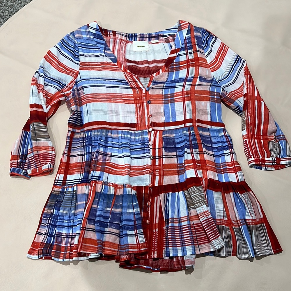 Maeve tiered button-front tunic top with pockets